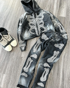 Ensemble de jogging évasé deux pièces en molleton technique délavé, personnalisé, vintage, épais, avec broderie et patchs appliqués, effet vieilli, pour l'hiver - Product Image 3