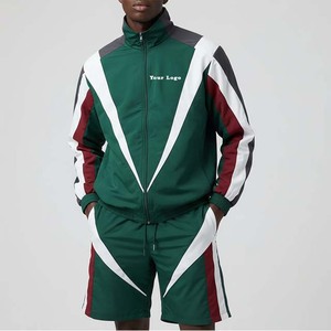 Men's Color Blocking Track Suit Set Green <b>White</b> Red Polyester Sporty Zippered Jacket Shorts Quick Dry Stand Collar - Product Image 1