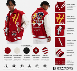 Veste de sport SINEWY pour homme, rouge, style varsity, mélange de laine, manches en simili cuir, appliqué patchwork, col classique, fermeture à boutons pression - Product Image 1