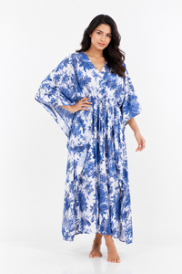 Palm Tree Cotton Kaftan Maxi Dress for Women <b>Long</b> <b>Nightdress</b> Summer Resort Wear Loungewear Gown with Drawstring Waist - Product Image 1