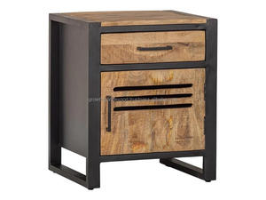 Modern Industrial Wooden <b>Bedside</b> Table with Drawer Metal Frame Nightstand <b>Storage</b> Cabinet for Bedroom Living Room - Product Image 3