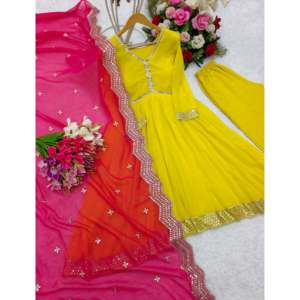 Vestido de Noche de Diseñador WW, Amarillo, Talla L, 700g, con Pantalón Elegante y Hermosa Dupatta para Fiestas - Product Image 6