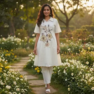 Ensemble Kurta brodé blanc pour femmes, imprimé floral, haut à manches courtes, pantalon assorti, tenue d'été décontractée et élégante, ethnique - Product Image 5