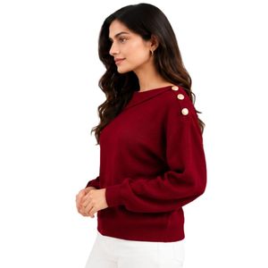 <b>Womens</b> <b>Burgundy</b> Red Knit Sweater Gold Button Shoulder Detail Asymmetric Neckline Long Sleeve Casual Pullover Fashion Winter <b>Top</b> - Product Image 2