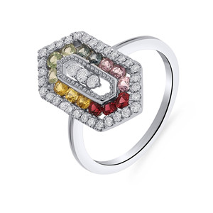 Bague plaquée or blanc de qualité supérieure, design géométrique avec saphirs multicolores et diamants, alliance de fiançailles unique - Product Image 1