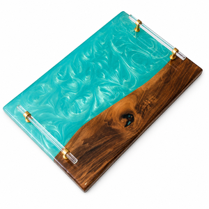 Plateau de service en résine et bois personnalisé, plat décoratif fait main avec poignée en verre irrégulière, idéal pour la maison ou comme cadeau - Product Image 3