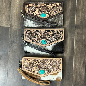 New Factory Wholesale New Luxury Fashion RFID Long Credit Card Holder Wristlet Wallets Hand Tooled Cowhide Leather Clutch Purse - Product Image 5