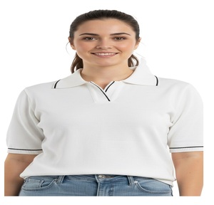 Solid Color Polo Shirt For Women Short Sleeve Slim Fit Knit Top With <b>Pants</b> Outfit Casual Wear Collar Neck Style Look - Product Image 1