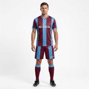 Custom Burgundy Sky Blue Vertical Stripe <b>Soccer</b> Uniform Set Short <b>Sleeve</b> Football Jersey Shorts <b>Socks</b> - Product Image 1
