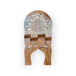Support de Coran pliable en bois fait main, motifs floraux et étoiles sculptés, brun poli, support de lecture durable pour livres religieux - Product Image 1