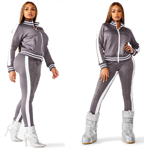 Trajes de entrenamiento de gimnasio para mujer, con cremallera frontal, cuello acanalado y puño, pista a rayas laterales, para trotar, ajustados, con cremallera, para el sudor - Product Image 2