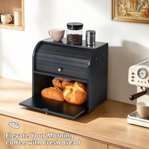 2 Tier <b>Wooden</b> <b>Bread</b> Box Roll Top <b>Bread</b> <b>Bin</b> Natural Wood Food Storage Container Organizer For Kitchen Countertop Wholesale - Product Image 4