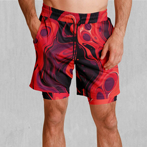 Men's Red Black <b>Abstract</b> <b>Print</b> Swim Shorts Quick Dry Drawstring Casual Board Shorts with Pockets - Product Image 5