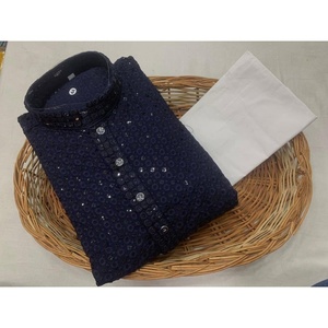 TRADITIONNEL WEAR RAYON CODING SEQUENCE WORK KURTA avec PYJAMA BLEU MARINE - Product Image 1