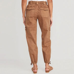 Custom Women's Solid Color Cotton Elastic Waist <b>Flat</b> Front Full Length Cargo Pants with Flap Pocket and Wide Leg - Product Image 1