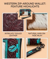 Dompet Kulit Motif Kulit Sapi dengan Ritsleting, Tempat Ponsel, Aksen Bulu Timbul, Gaya Buatan Tangan untuk Penggunaan Sehari-hari