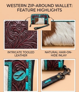 Portefeuille en cuir à motif vachette, pochette zippée pour téléphone, accent en fourrure gaufrée, style fait main pour usage quotidien - Product Image 4