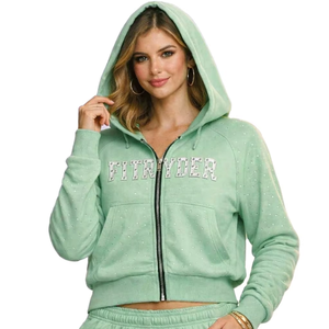 Ensemble de survêtement Y2K personnalisé pour femme avec logo brodé, strass lavés, franges, sweat à capuche court, style raglan, respirant, hiver - Product Image 1