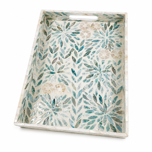 Wholesale Luxury Rectangular <b>Mother</b> of Pearl Serving Tray with Handles Handmade Palawan Floral Shell Inlay Decorative Tray - Product Image 1