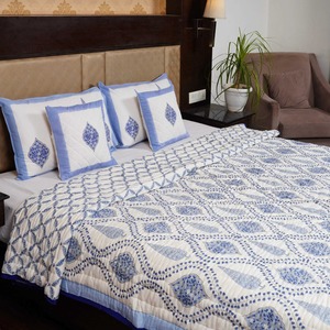 Handmade Printed Cotton <b>Quilt</b> Blue White Traditional Pattern All Season Home Decor <b>Bedding</b> Set - Product Image 4
