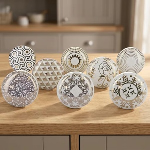 Ceramic <b>Cabinet</b> <b>Knobs</b> Round <b>Gold</b> Flower Design Set of 8 for Kitchen Dresser Bedroom Bathroom Drawer Wardrobe Living Room Use - Product Image 1