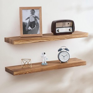 <b>Rustic</b> Reclaimed Wood Double Tier Floating Wall <b>Shelves</b> Set-Distressed Brown for Living Room Wholesale - Product Image 1