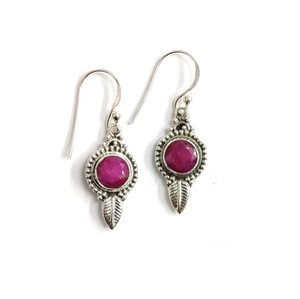 Pure Silver 925 <b>Red</b> Ruby Antique Textured leaf Dangle <b>Earrings</b> Women's Wedding Gift Traditional Jewelry - Product Image 3