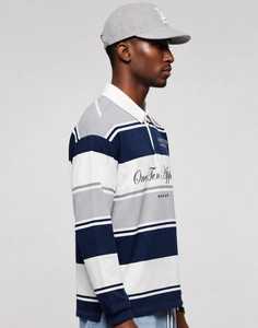 <b>Men's</b> Navy Grey Striped <b>Long</b> <b>Sleeve</b> Polo <b>Shirt</b> <b>White</b> Collar Button Front Casual Top - Product Image 2