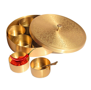 Premium <b>Iron</b> Masala Dabba Round Spice Storage Box with <b>7</b> Removable Containers Decorative Engraved Lid for Kitchen Organization - Product Image 3