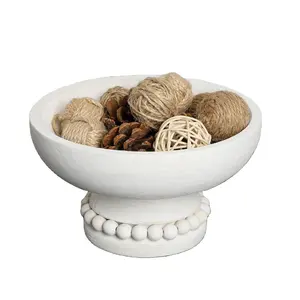 White Antique Wooden Footed Beaded Fruit Bowl Coastal Shabby Chic Centerpiece Pedestal Bowl Modern Elegant Fruit Bowls