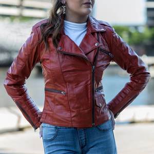Chaquetas rojas personalizadas al por mayor RTS con logotipo para mujer, chaqueta vintage para invierno, abrigos clásicos de cuero, chaquetas bomber auténticas, estilo urbano. - Product Image 1