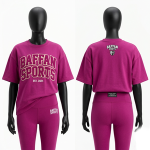 Conjunto de camiseta rosa extragrande y leggings de mezcla premium de algodón, poliéster y spandex de 240 GSM con estampado personalizado y logo para mujer. - Product Image 6