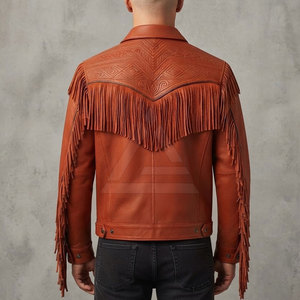 Embossed <b>Western</b> Leather <b>Jacket</b> Men Stylish Fringe Outerwear For Outdoor Casual Wear Cowboy Fashion And Streetwear - Product Image 4