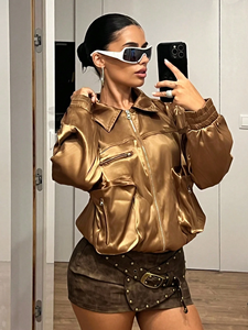 Chaqueta Bomber Dorada Metálica Satinada para Mujer, Chaqueta de Salida con Cuello Grande y Brillo Líquido, Personalizada - Product Image 2