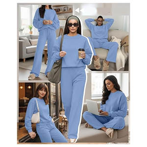 Conjunto de 2 Piezas para Mujer, Sudadera con Forro Polar, Top de Cuello Redondo, Pantalones Anchos, Chándal Informal y Cómodo - Product Image 2