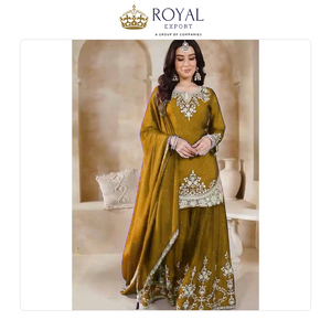 Hermosa Colección de Ropa India de Diseño, Traje Sharara de Seda Chinnon Pesada con Bordado para Mujer a Bajo Precio - Product Image 2