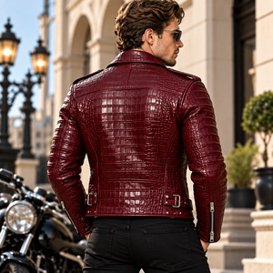 Veste de motard en cuir embossé bordeaux de luxe pour homme avec col montant et doublure en soie |   Veste de moto en cuir exotique - Product Image 4