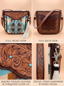 Sac à main en cuir véritable de style western, forme seau, avec rabat, pompon, léger, décontracté, sac à bandoulière, double poignée, bandoulière géométrique - Product Image 3