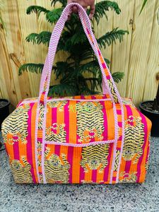 Handcrafted Tiger Print Striped Quilted Cotton Duffle Bag <b>Large</b> Capacity Travel Weekender Overnight Luggage Bag - Product Image 3