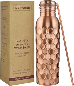 Honeycomb Pattern Pure Copper Water <b>Bottle</b> with White Gift <b>Box</b> Antique Finish Hexagon Embossed Copper Flask Ayurvedic Wellness - Product Image 5