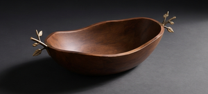 Heavy Duty Walnut Finished Mango Wood Serving Bowl Organic Centerpiece with Sculpted <b>Twig</b> Handles - Product Image 3
