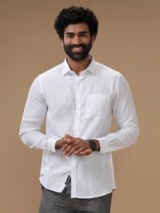 Chemise décontractée d'été pour homme en lin 100 % écologique, tissée, teinte unie, manches longues, col rabattu, blanche, fermeture à bouton unique - Product Image 3