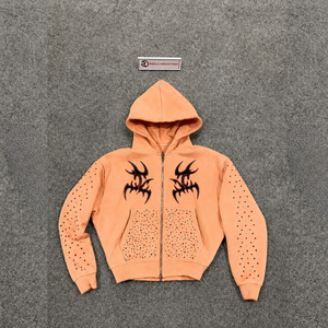 Sweat-shirt à capuche zippé en strass PEACH, motif tribal gothique, style Y2K streetwear, coupe oversize, clouté, punk grunge - Product Image 5