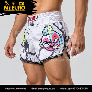 กางเกงมวยไทย MMA สำหรับผู้ชาย พิมพ์ลายโลโก้ด้านหน้าแบบ Sublimation ผ้าโพลีเอสเตอร์ 100% ไร้ตะเข็บ แห้งเร็ว ระบายอากาศได้ดี น้ำหนัก 160 กรัม แบบสั่งทำ - Product Image 4