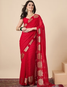 KV <b>Red</b> Georgette Woven Tassels Designer Saree With Unstitched <b>Blouse</b> - Product Image 1