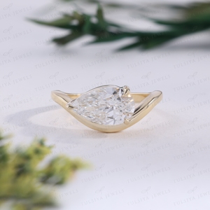Anillo de Oro Amarillo Sólido de Lujo con Diamante en Forma de Pera Horizontal, Elegante Anillo Solitario con Diseño de Ola, Joyería Nupcial de Aniversario, Anillo Personalizado - Product Image 4