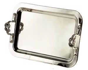 Bandeja de Servir Ovalada de Metal Plateado con Asas de Cuerno Negro, Decorativa y de Lujo para el Hogar, para Frutas y Desayunos - Product Image 2