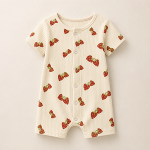 Mameluco de Manga Corta Acanalado para Bebé, 100% Bambú Transpirable |   Mono de una pieza con estampado de fresas rojas y blancas para bebés unisex con cierre frontal a presión para uso diario - Product Image 1