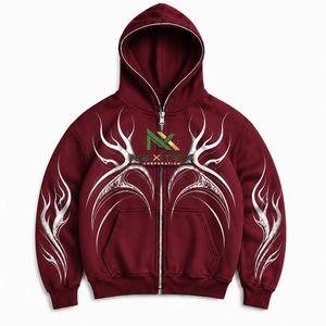 Custom Tribal Flame <b>Zip</b> <b>Up</b> <b>Hoodie</b> Men <b>Y2K</b> Chrome Wing Print Streetwear Jacket - Product Image 6