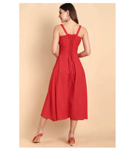 Robe midi/maxi élégante en coton 100% tissé, rouge uni, pour femme, tenue décontractée d'été, style bohème, coupe régulière, tissu doux et respirant, idéale pour les fêtes - Product Image 3